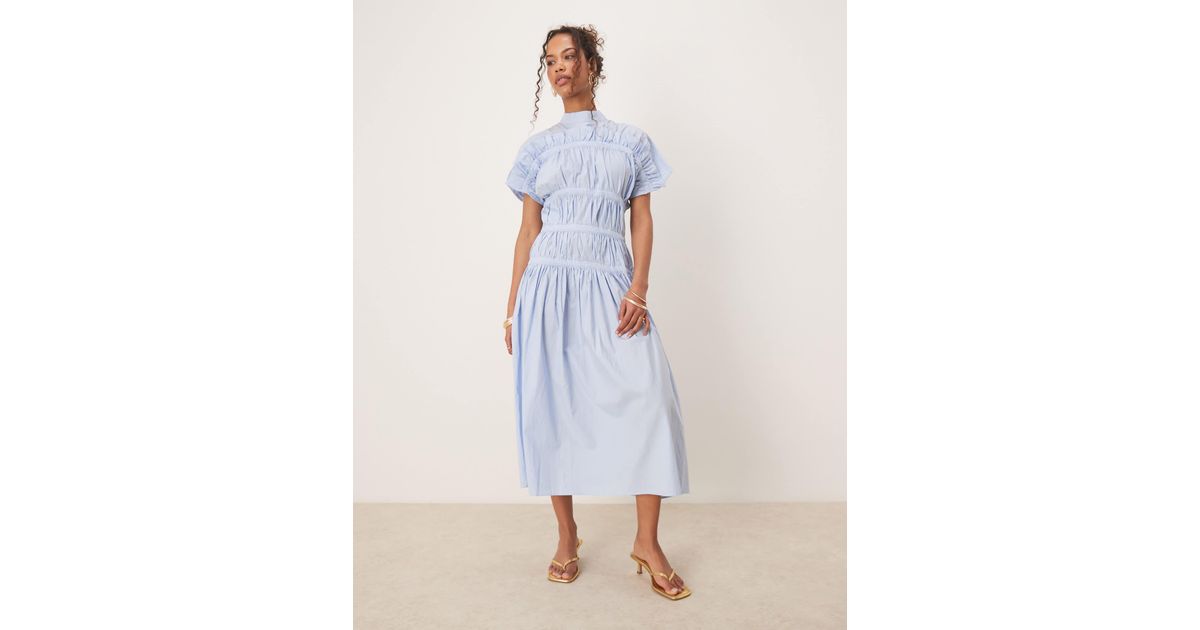 ghospell ruched midi dress white Ghospell High Neck Ruched Midi Dress in White