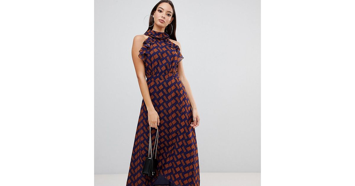 prettylittlething sleeveless frill detail maxi dress in chevron print