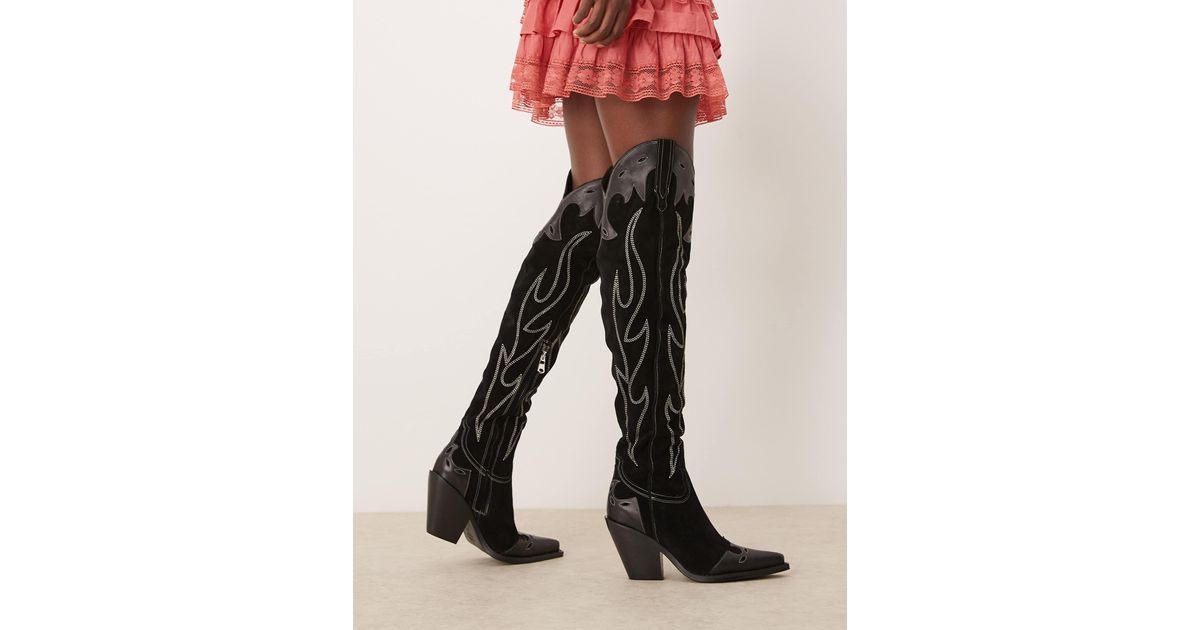 Free People Wild West Thigh High Suede Western Boots in Black | Lyst