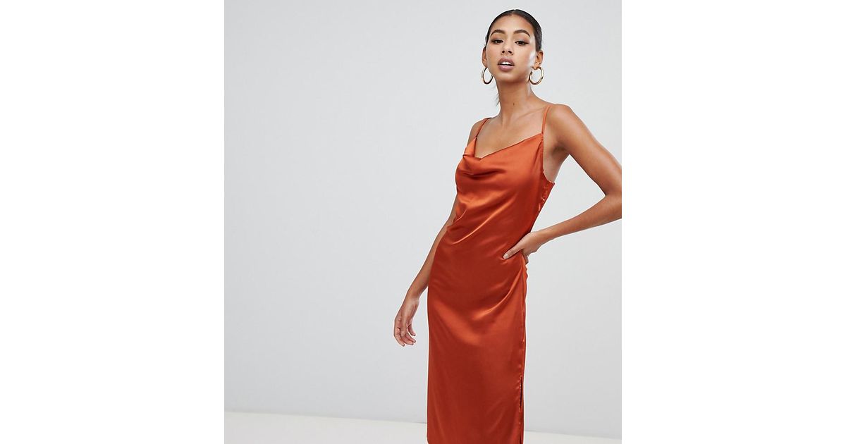 missguided strappy cowl midi satin dress in rust