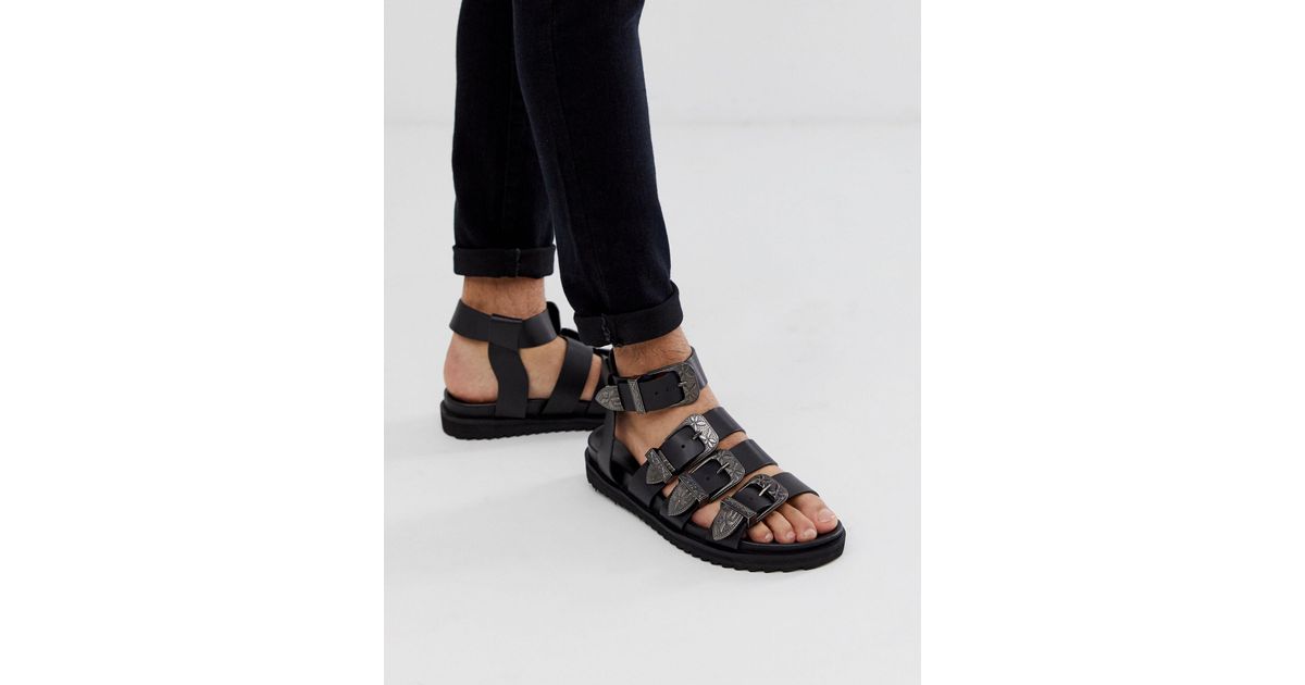 asos design gladiator sandals in black leather with chunky sole