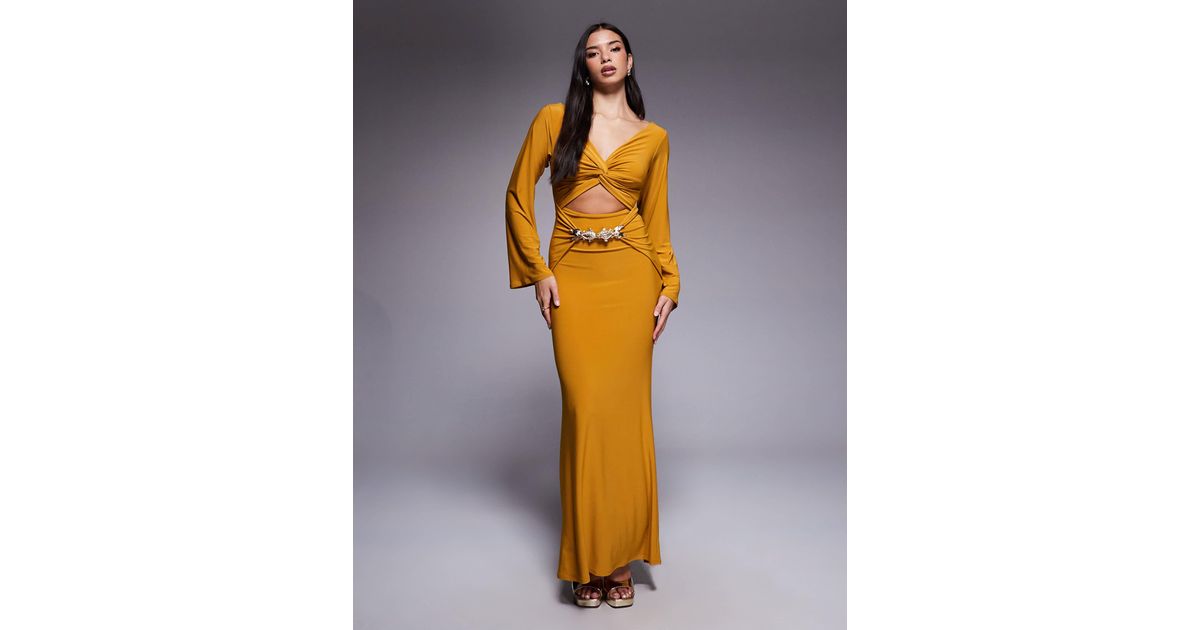 ASOS Long Sleeve Drape Front Maxi Dress With Gold Fish Trim in Metallic ...