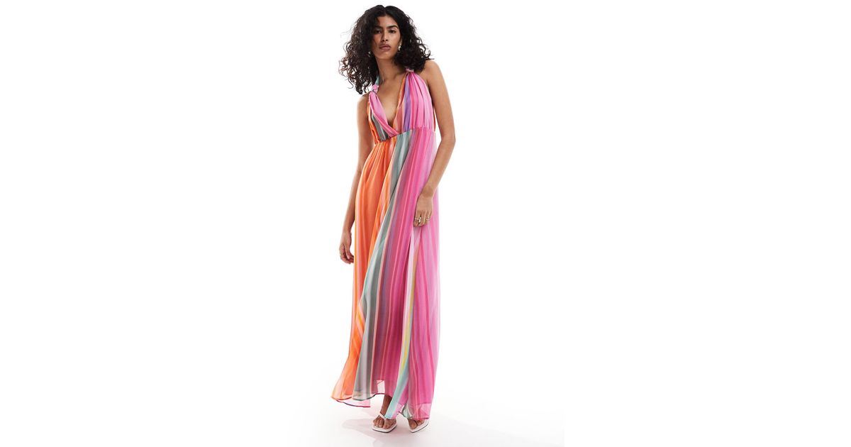 Robe rayee longue a col v Mango en coloris Rouge Lyst