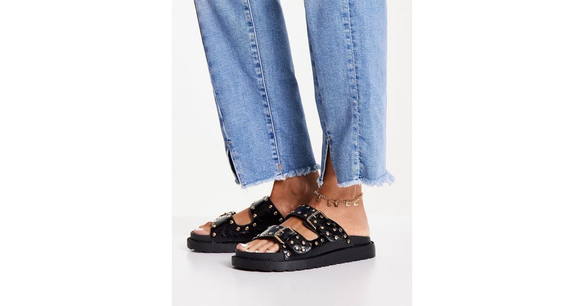 Zapatos Sandalias Negras Planas Tachuelas Sandalias Negras Con Dos Hebillas  Y Tachuelas New Look De Color