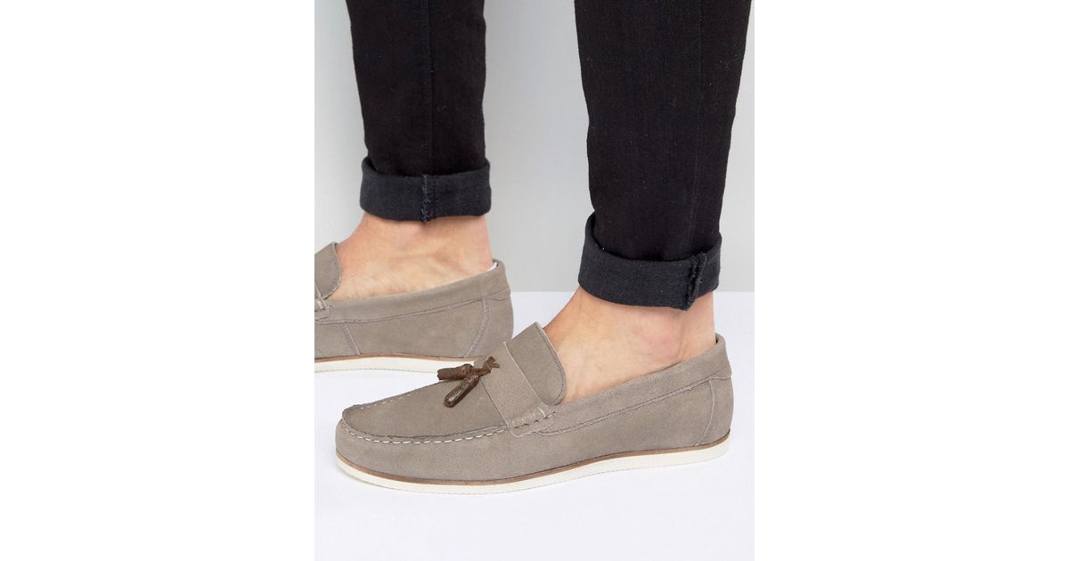grey loafers with tassels