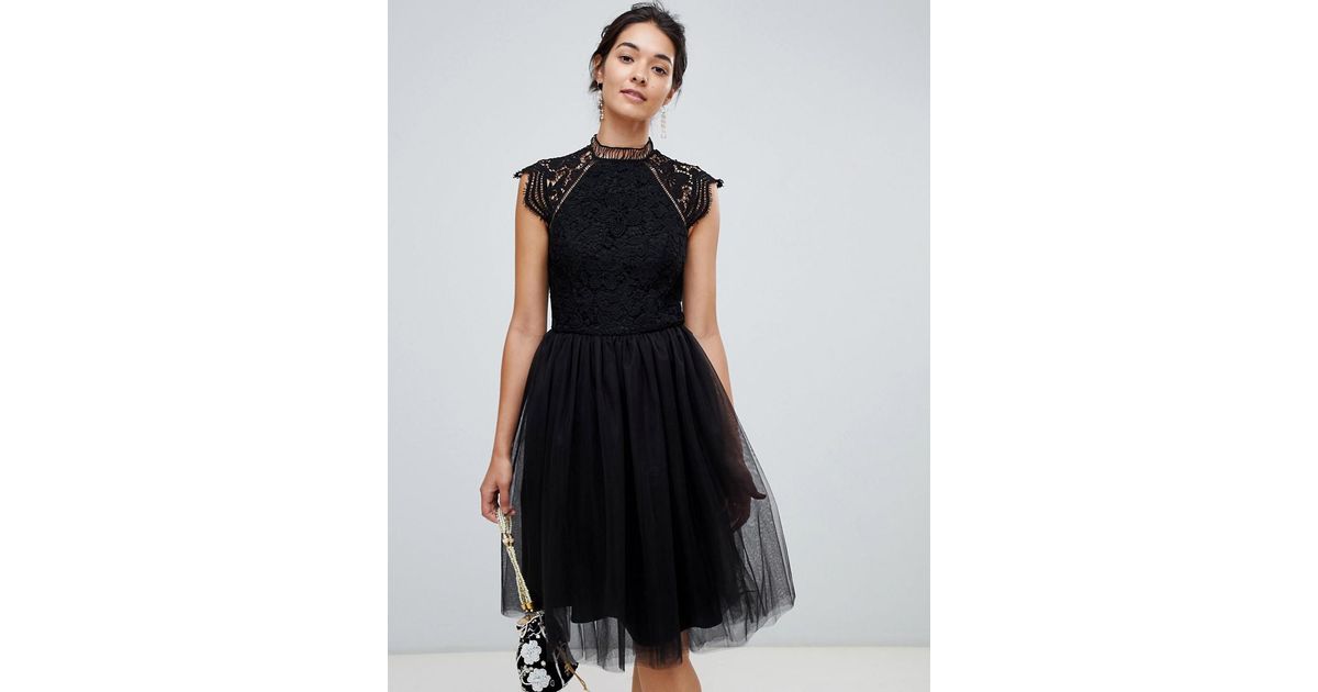 chi chi london 2 in 1 lace dress with tulle skirt in black