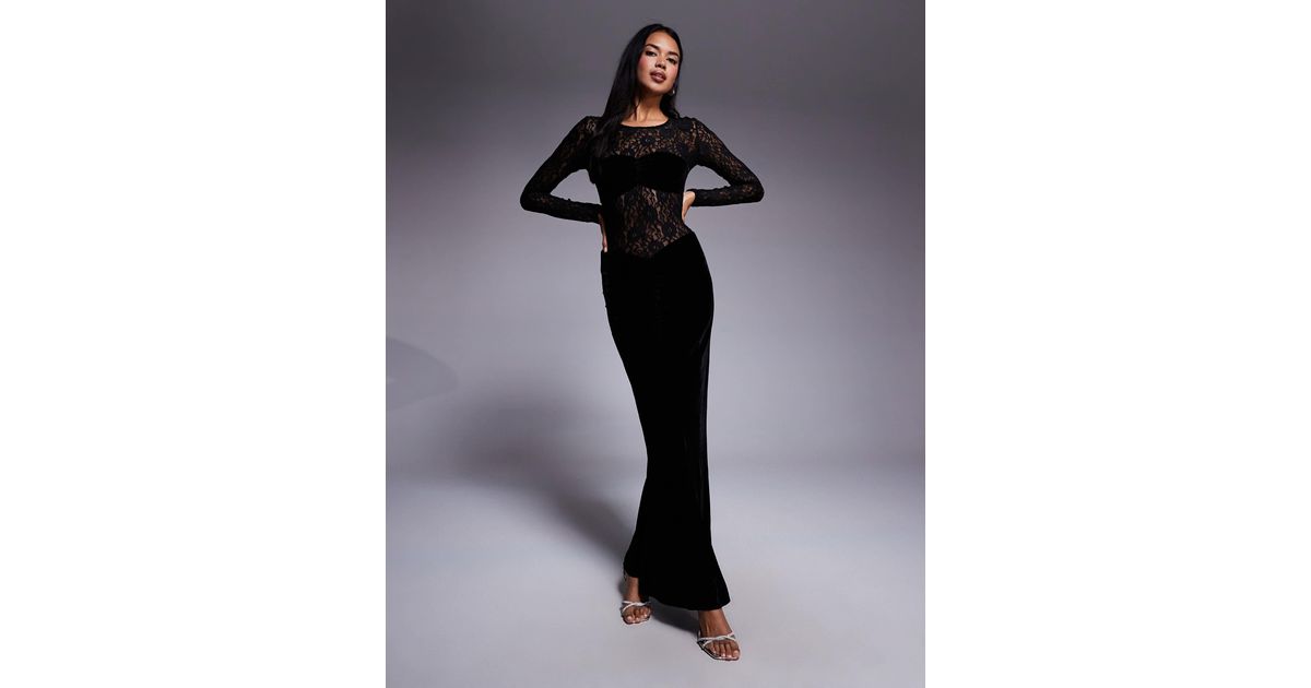 Bardot Helenie Velour Lace Maxi Dress in Black | Lyst
