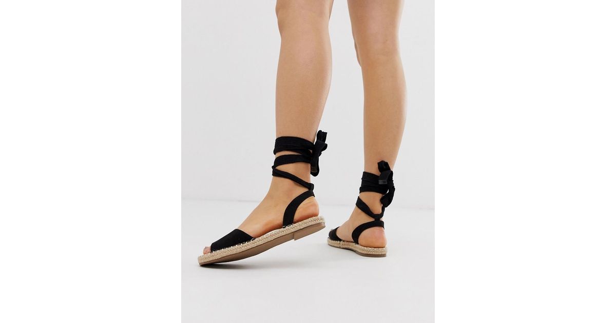 Truffle Collection Suede Tie Leg Espadrille Flat Sandals in Black - Lyst