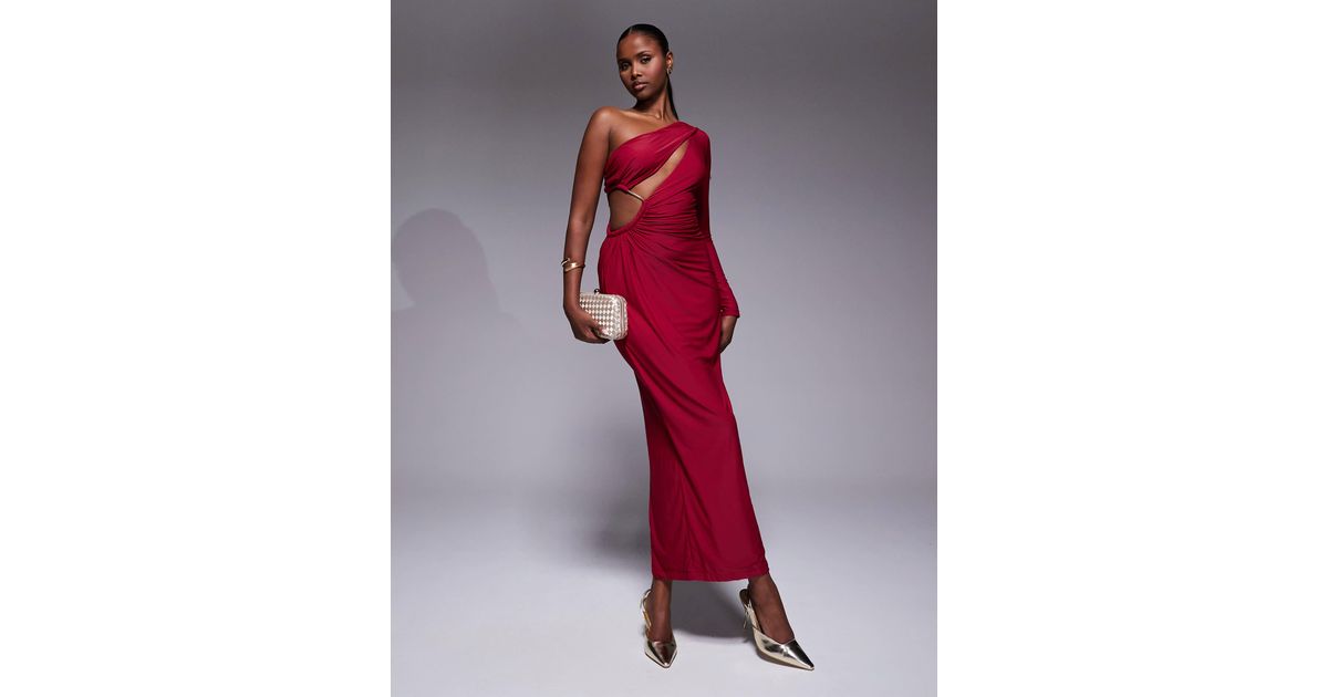 single sleeve cut out maxi dress in red Vintage 70s Red Maxi Dress - One Shoulder Bias Cut, S/M