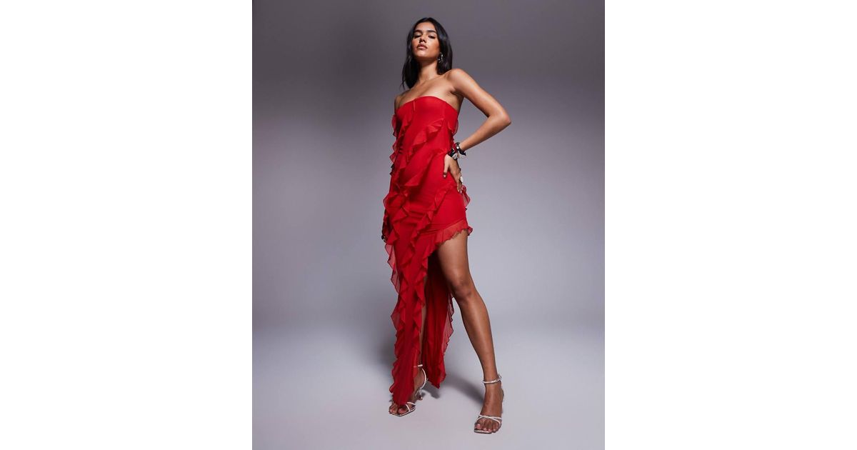 open lace back dress Rent Oh Polly Dulce Embellished Strapless Ruffle Maxi Dress in Fire Red main image 0