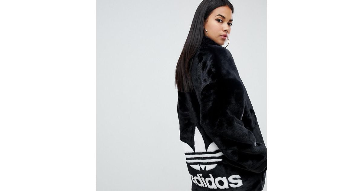 adidas Originals Synthetic Faux Fur Jacket With Back Trefoil Logo In Black  - Lyst