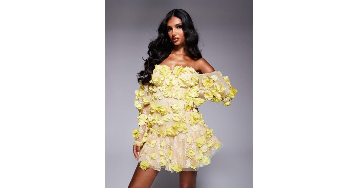 Puffy Sleeves Off-Shoulder 3D Floral Appliques Tulle Tea-length Flower Girl Dress