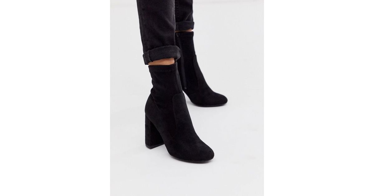 Suede Block Heel Sock Boot in Black 