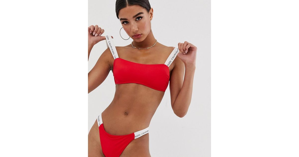 Calvin Klein Cotton Bandeau Logo Strap Bikini Top In Red | Lyst Australia