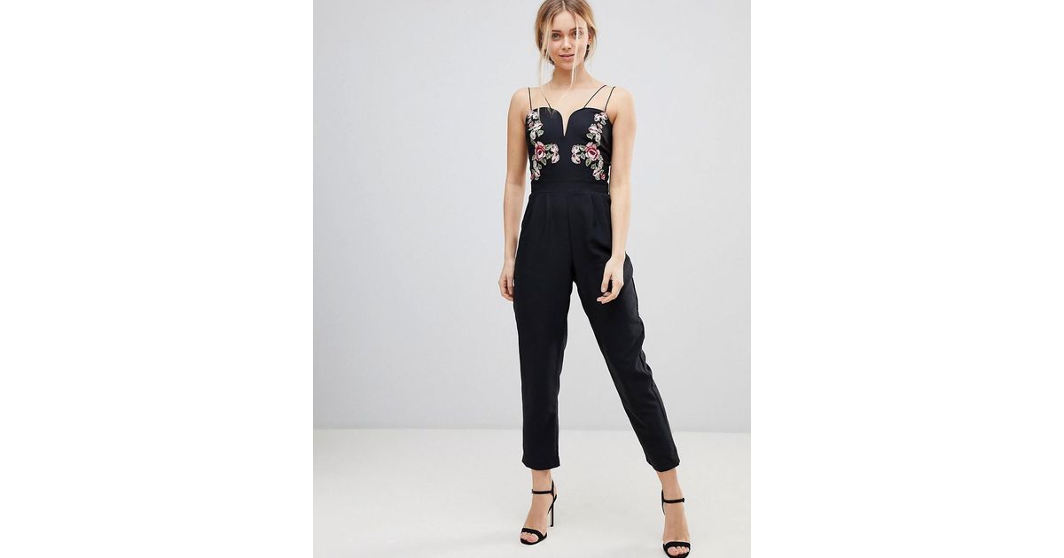 Girls On Film Jumpsuit With Embroidered Floral Detail In Black Lyst