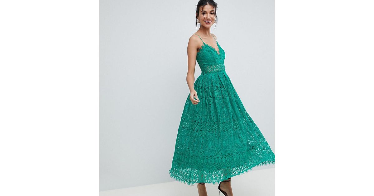 ASOS Lace Cami Midi Prom Dress in Green | Lyst