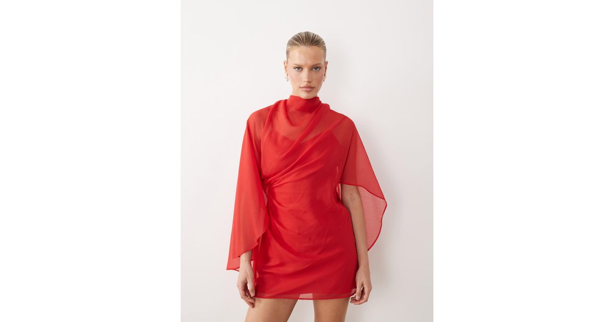 ASOS High Neck Drape Front Extreme Cape Sleeve Mini Dress in Red | Lyst