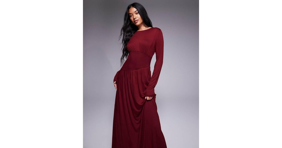 ASOS Long Sleeve Slash Neck Seam Detail Maxi Dress in Red | Lyst UK