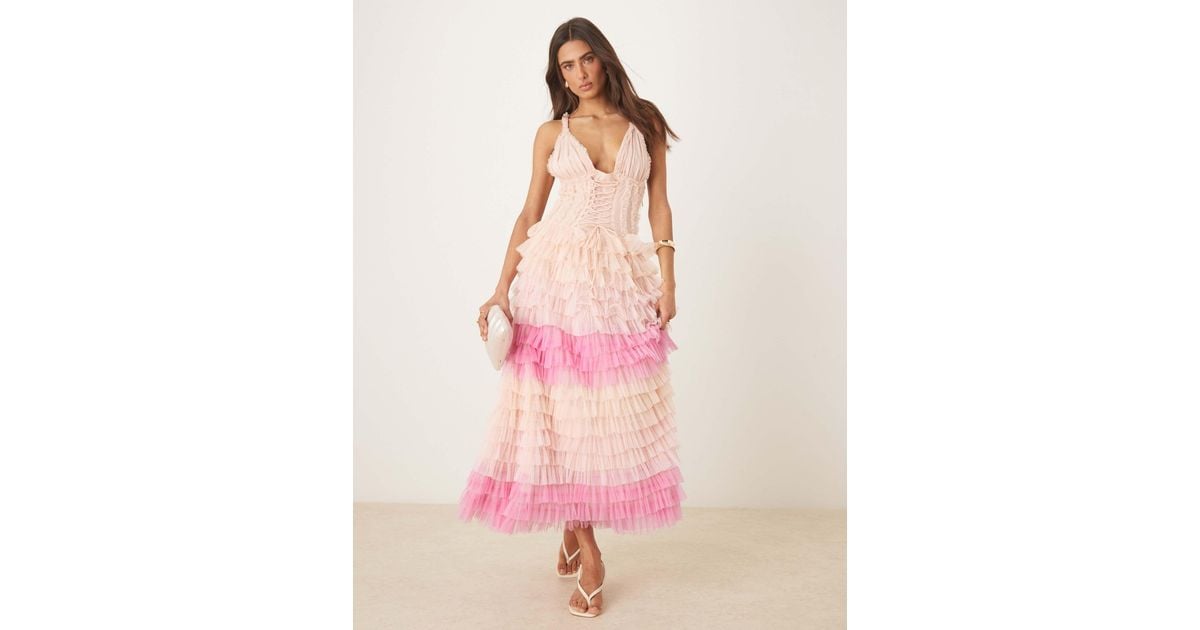 Amy Jane London Iris Tulle Frill Corset Midi Dress in Pink | Lyst