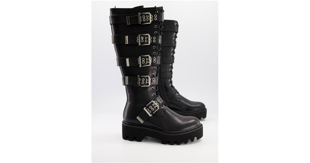 LAMODA Lockdown Buckle Detail Knee High Boots in Black