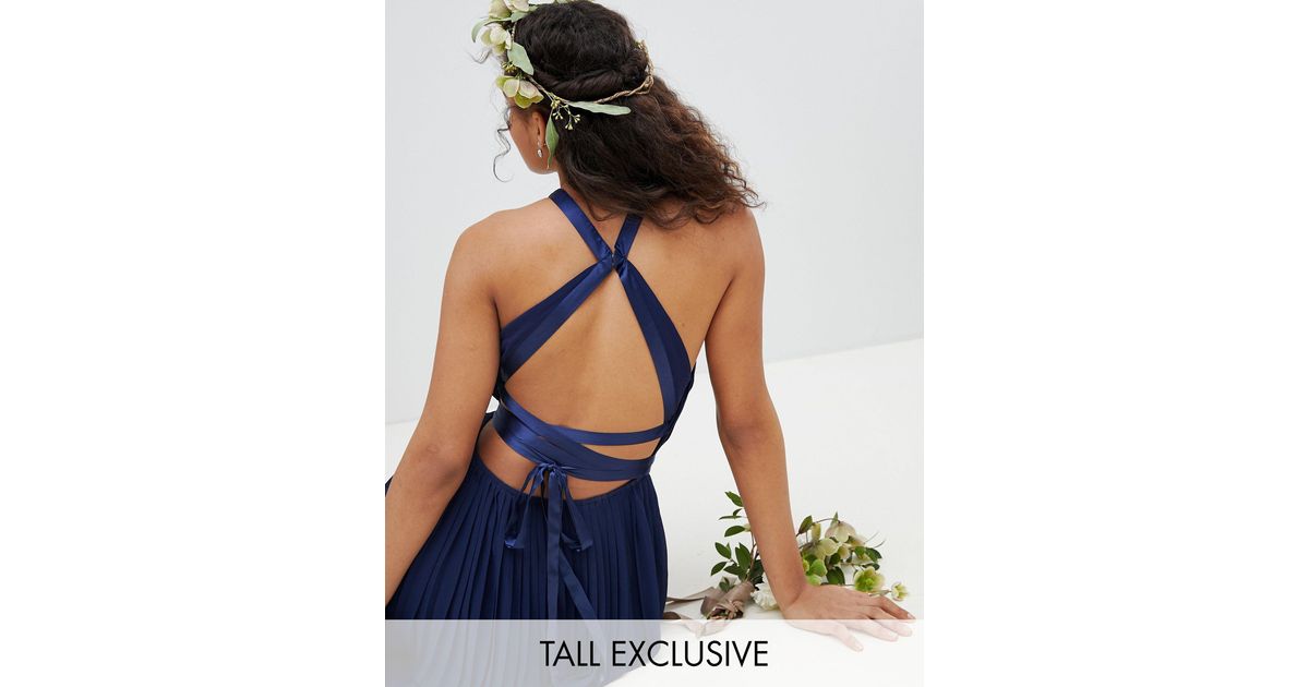 tfnc pleated maxi bridesmaid dress with cross back and bow detail