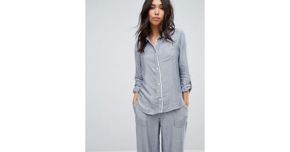 Synthetic Stripe Pyjamas Shirt in Blue 