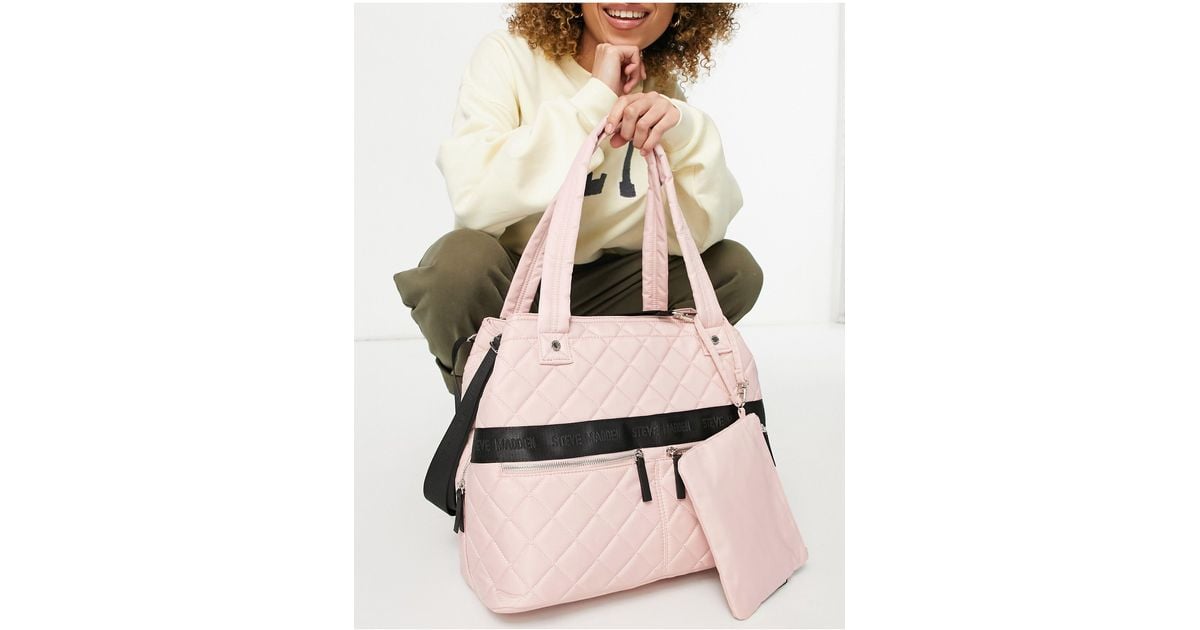 Steve Madden Quilted Double Pocket Tote Bag With Zip Pouch in Pink