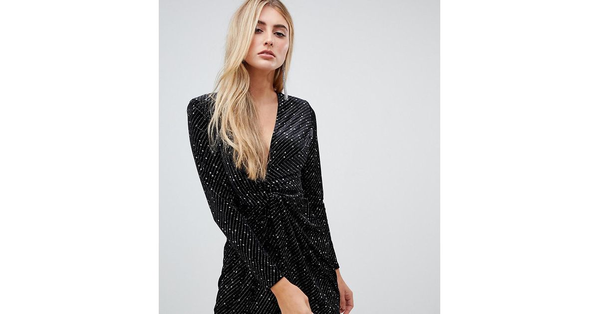 missguided velvet glitter wrap front mini dress in black