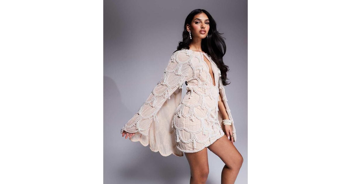 ASOS Pearl Embellished Cape Mini Dress in Pink | Lyst UK