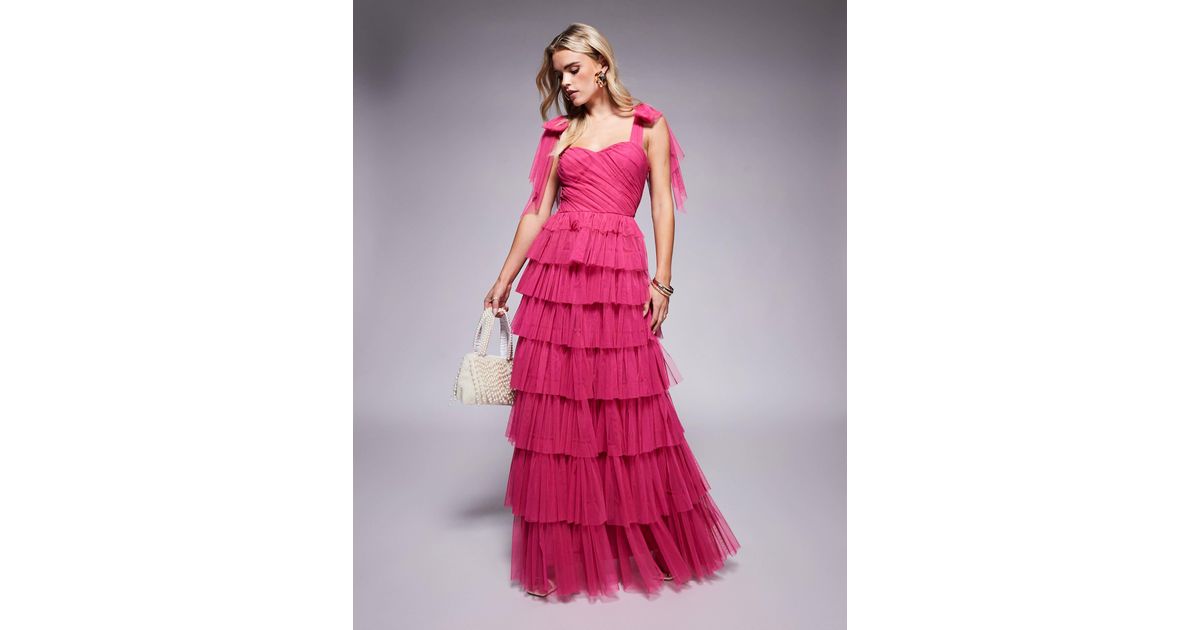 Pink One-Shoulder Tiered Tulle Maxi Dress with Glitter Pleated Bodice main image 1