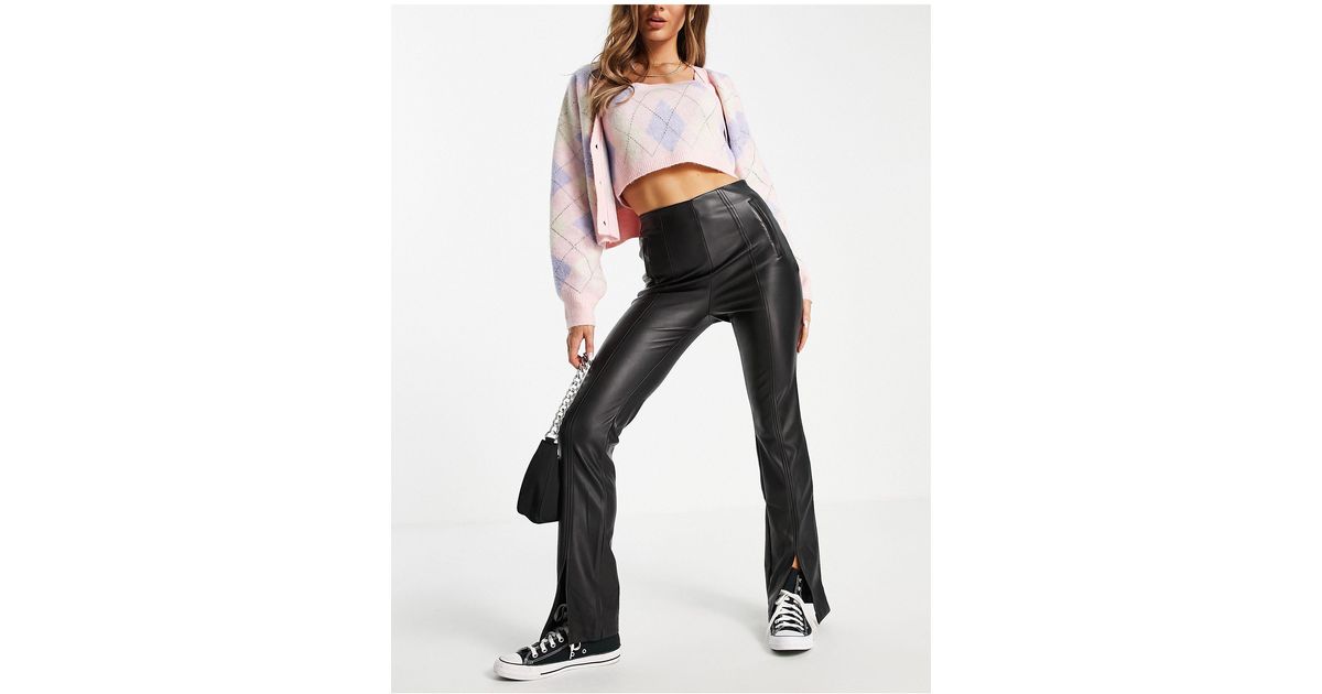 Stradivarius Faux Leather Trousers With Split Front Detail in Black | Lyst