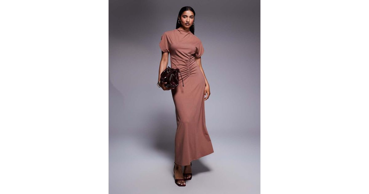 ASOS Grown On Neck Flutter Sleeve Ruched Detail Maxi Dress in Grey ...