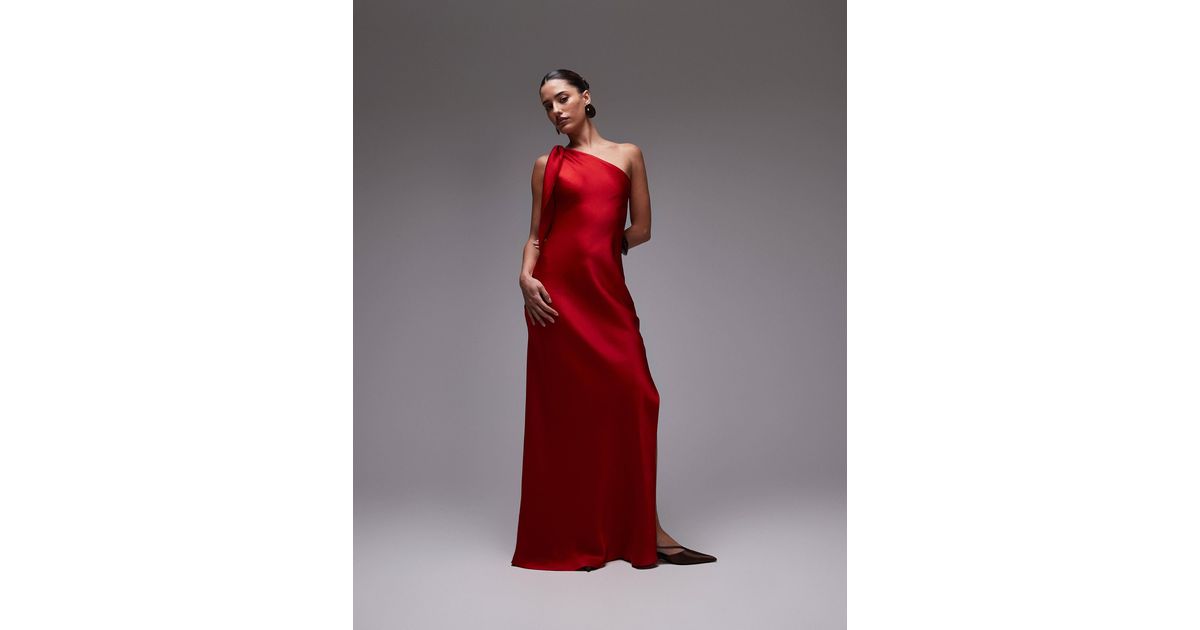 Mango One Shoulder Satin Side Split Maxi Dress in Red | Lyst