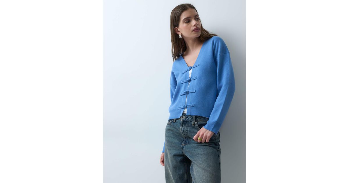 ASOS Mandarin Detail Crop Cardigan in Blue | Lyst