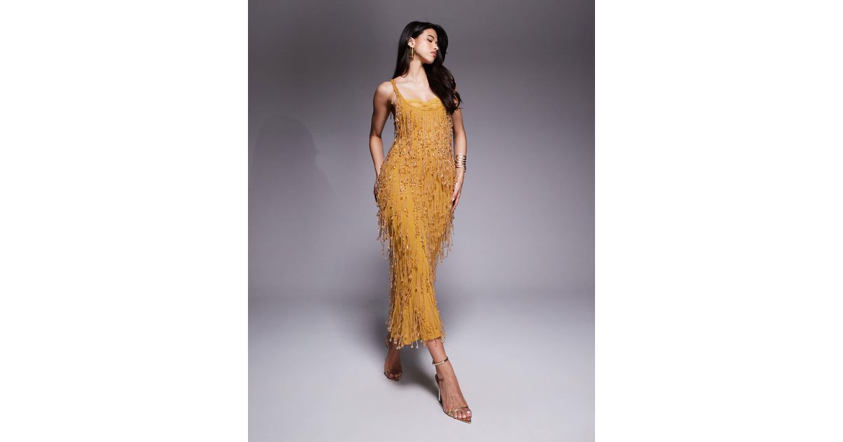 knee length dresses for ladies ASOS DESIGN Lace Up Back Midi Dress In Velvet In Mustard main image 0