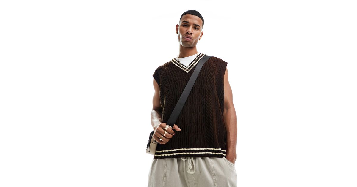 ASOS Oversized Cable Knit Cricket Tank in Black for Men Lyst