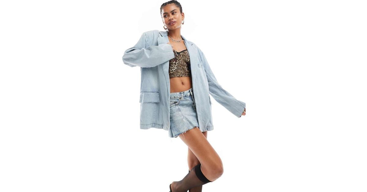 Monki Oversized Denim Blazer With Raw Hem Detail in Blue Lyst UK