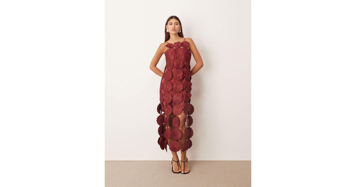 ARRANGE Cutwork Floral Midi Dress With Fringe Hem in Pink | Lyst