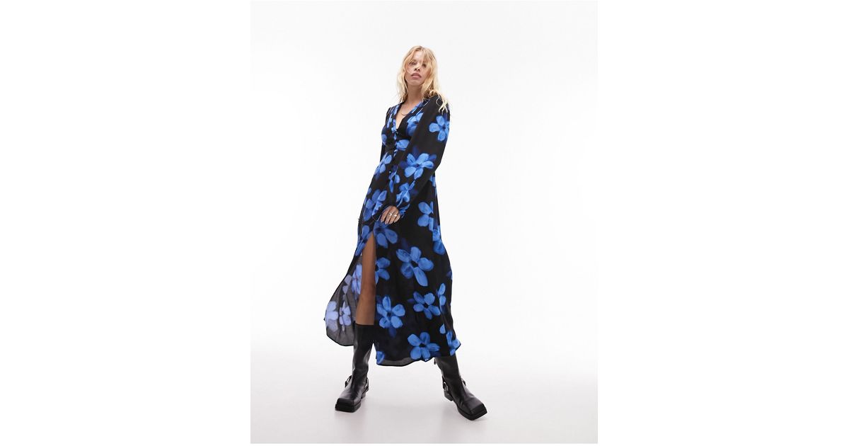 TOPSHOP Button Down V Neck Maxi Dress in Blue Lyst