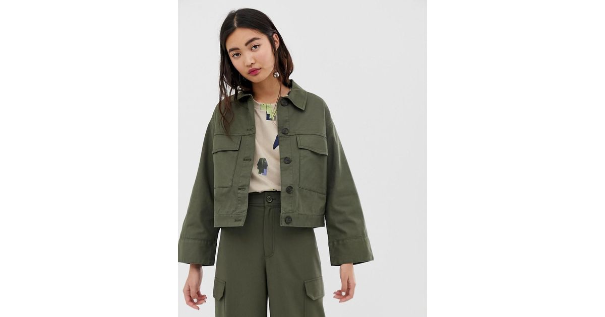 Monki Cropped Utility Jacket in Green 