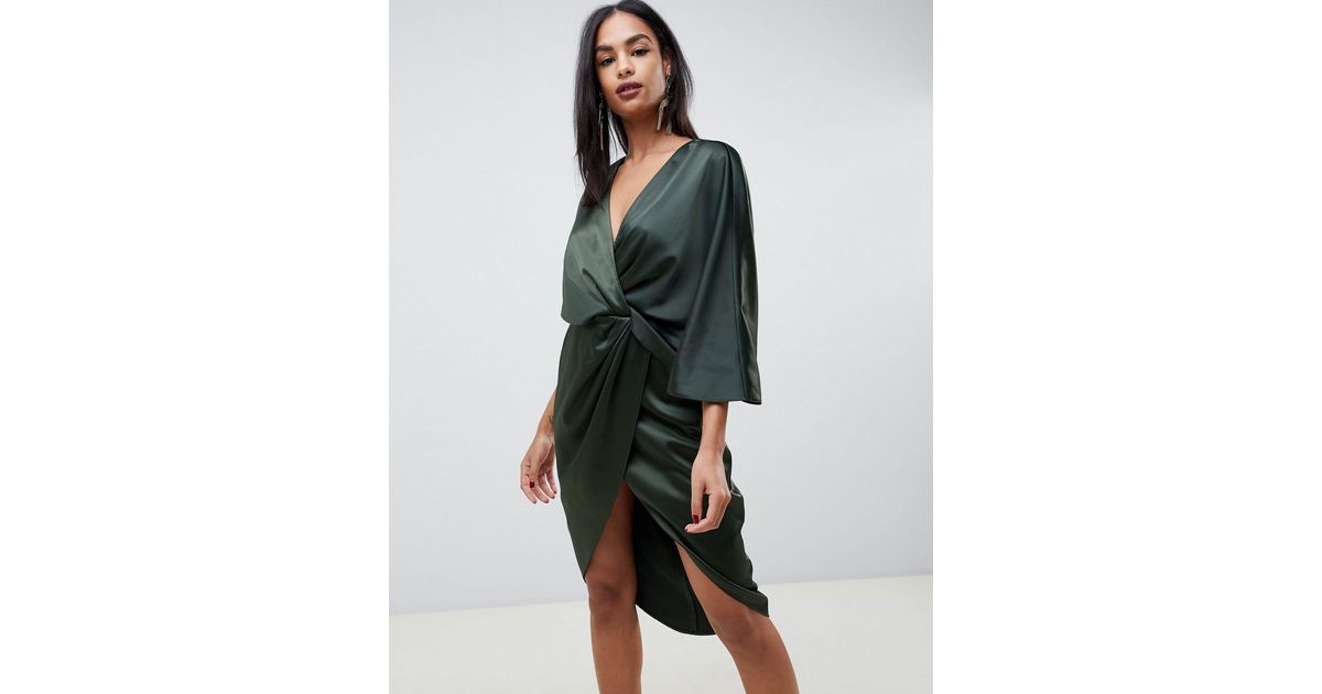 asos design satin kimono midi dress with knot front and asymmetric sleeve