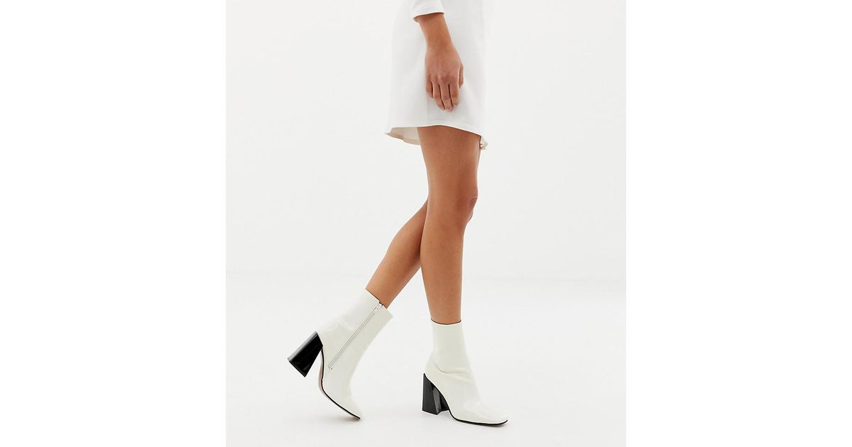 PrettyLittleThing Leather Patent Flare Heel Boots In White - Lyst
