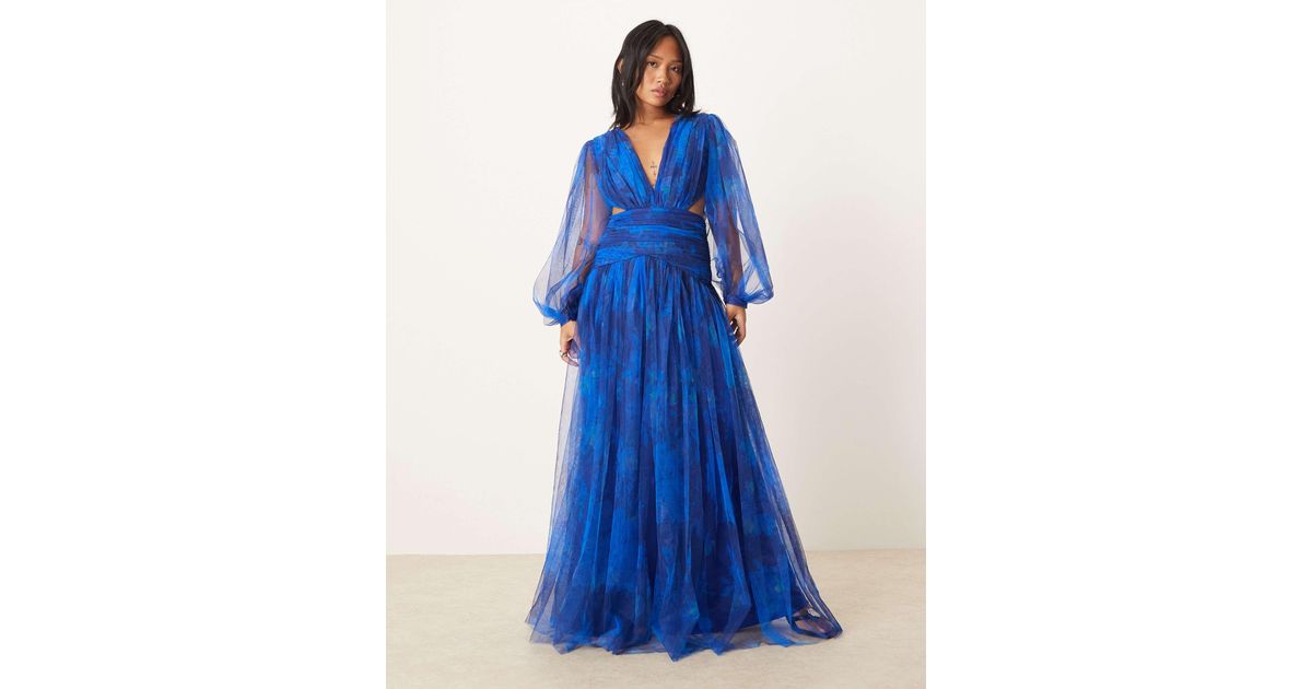 LACE & BEADS Plunge Drop Hem Tulle Maxi Dress in Blue | Lyst