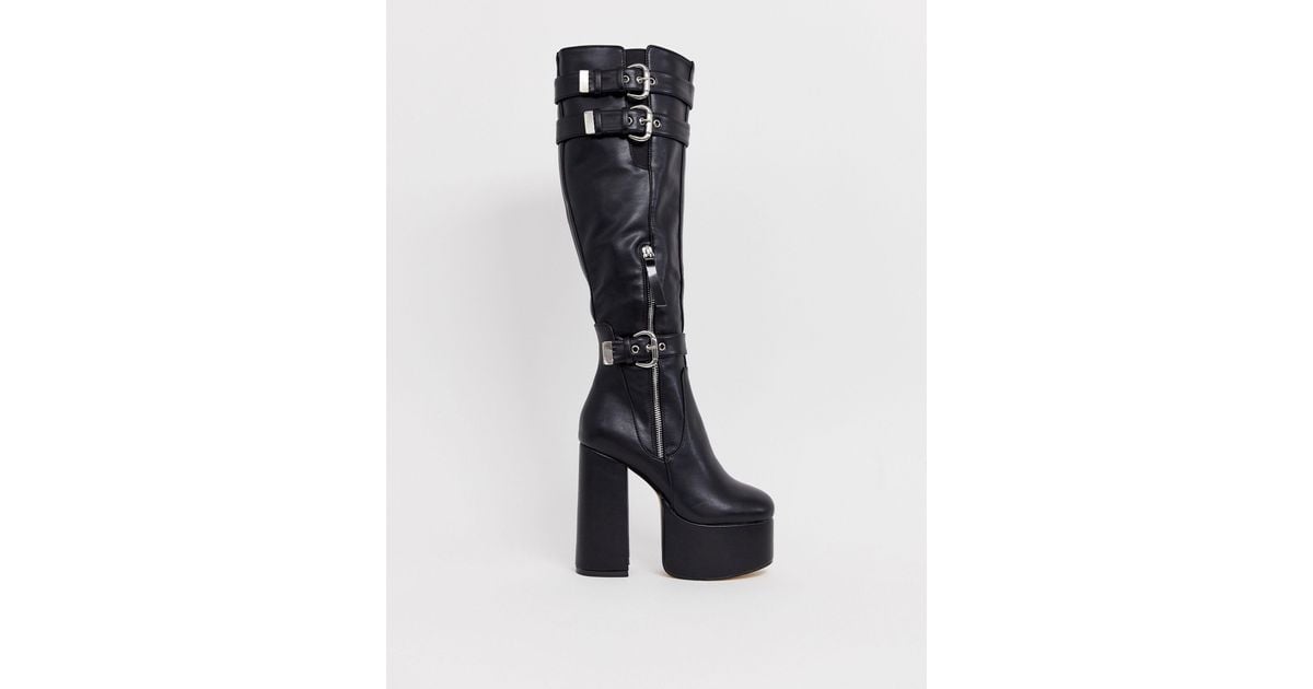 lamoda knee high chunky heel boots in black