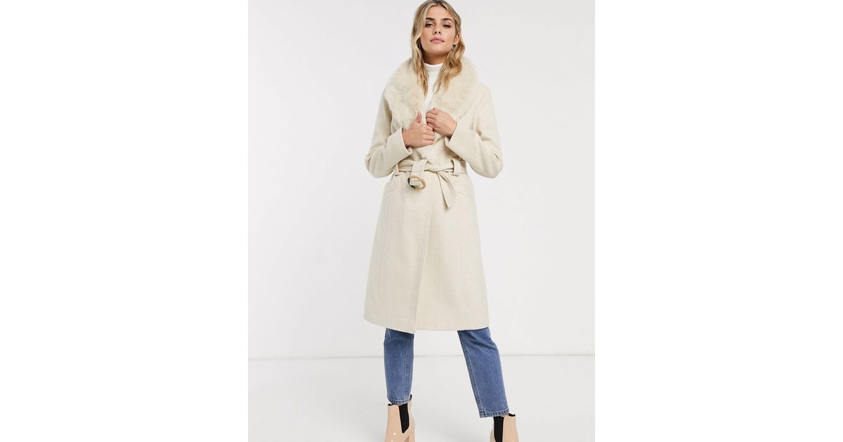 Miss Selfridge Synthetic Tailored Coat With Detatchable Faux Fur Trim In Cream Natural Lyst Miss Selfridge Synthetic Tailored Coat, Miss Selfridge Cream Detachable Faux Fur Collar Belted Coat