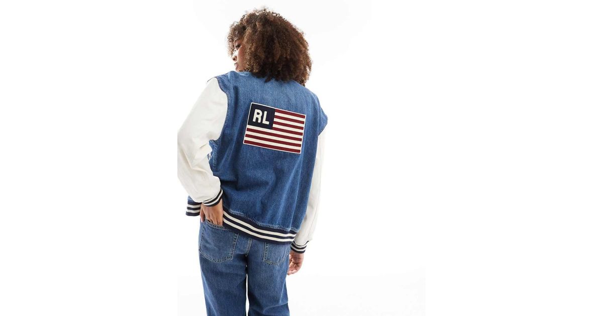 Polo Ralph Lauren Denim Bomber Jacket With Flag Backprint in Blue Lyst UK