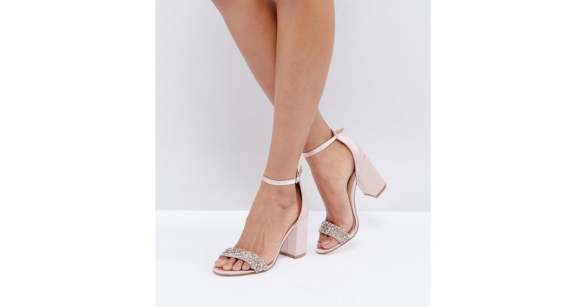 New Look Satin Block Heel Sandal With Crystal Embellishment in Pink | Lyst