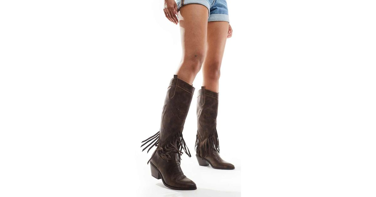 Glamorous Western Knee Boots With Tassels in White Lyst UK