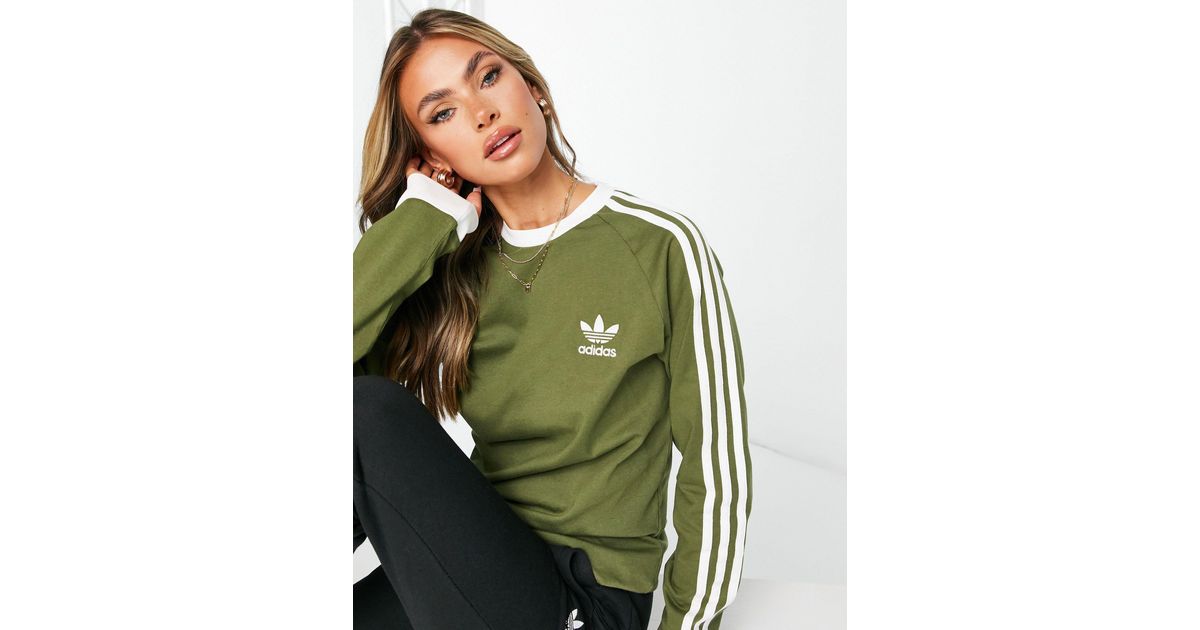 adidas Originals Adicolor Three Stripe Boyfriend Fit Long- Sleeved T-shirt  in Green | Lyst UK