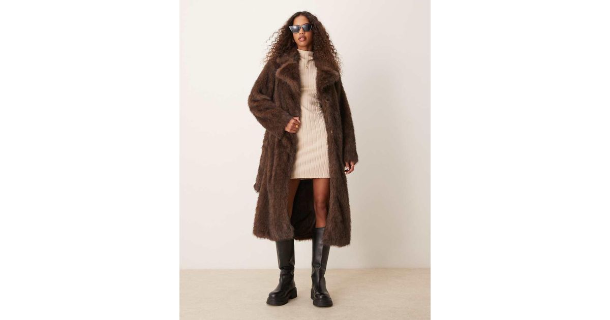 River Island Long Faux Fur Coat With Belt in Natural Lyst UK